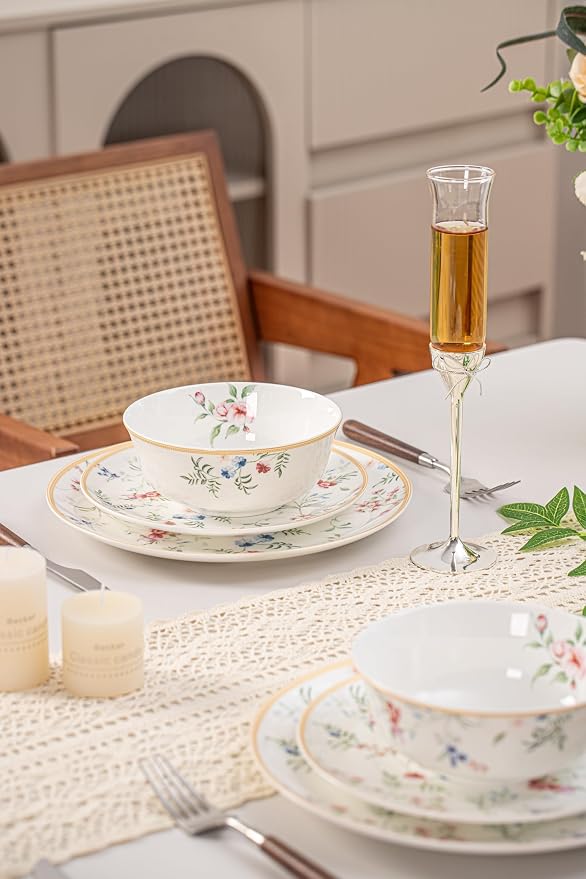 FHGNYSM Dinnerware Set for 4 (English Garden Style) | 12-Piece Porcelain Lightweight Plates and Bowls Sets , Kitchen Dinner Set with Whisper of Golden Banding