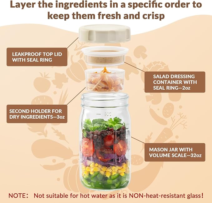 SOLIGT 4 Pack Glass Salad Jars with Lids Meal Prep, Leakproof Container for Lunch, Two Small Built-in Boxes with Wet/Dry Separation for Salad Dressing and Dry Ingredients, 32oz Mason Jars | 4 Apricot White Lids, Leakproof, Two Small Built-in Cups for S...