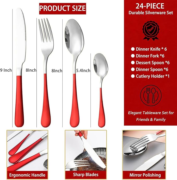 24 Pieces Flatware Set, Caliamary Stainless Steel Flatware Set with Silverware Holder Spoons Forks Knives,Utensils Set Service for 6,Gold Mirror Polished and Matte Pink Painted (Red Silver)