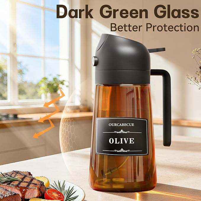Olive Oil Sprayer & Dispenser for Cooking, 16oz Dark Glass Oil Mister, 2PC | 2-in-1 Oil Sprayer & Pourer, Fine mist, Light-Blocking, Wide Mouth for Easy Refill & Clean, 8 Oil Labels, Reusable