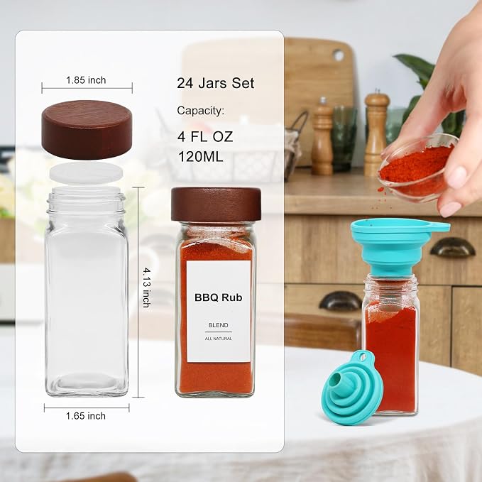 30 Pack 4 oz Glass Spice Jars with Shaker Lids& Labels Glass Bottles | Square Empty Mason Acacia Wood White Labels Kitchen Cabinet Drawer Organizer Seasoning Containers Collapsible Funnel Brush