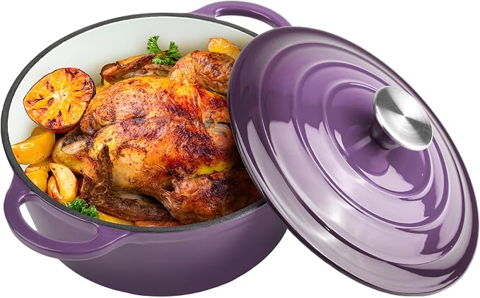 Dutch Oven Enameled Cast Iron with Lid - Big Dual Handles - Oven Safe up to 500°F - Classic Round Pot for Versatile Cooking (Purple, 3 QT)