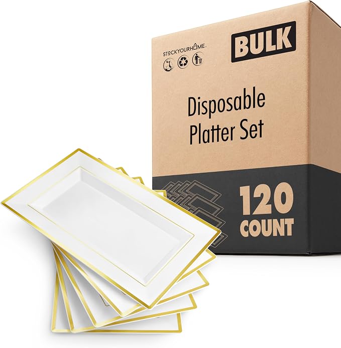 (120 Pcs) Premium White and Gold Plastic Serving Tray, Plastic Serving Platter Disposable, White Rectangle Party Trays and Platters for Fruit, Dessert, Cookies, Appetizers, Holiday Parties