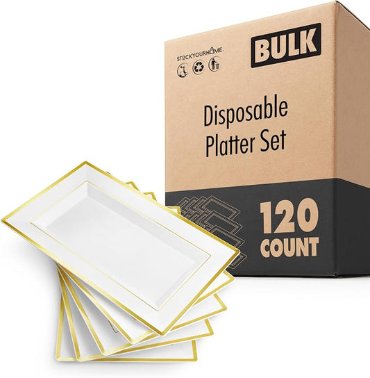 (120 Pcs) Premium White and Gold Plastic Serving Tray, Plastic Serving Platter Disposable, White Rectangle Party Trays and Platters for Fruit, Dessert, Cookies, Appetizers, Holiday Parties