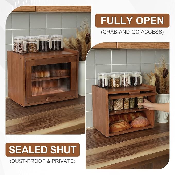 Wooden Bread Box for Kitchen Countertop, 2 Tier Bread Storage Container with Acrylic Door, Adjustable Shelf, Ventilation Holes, Brown