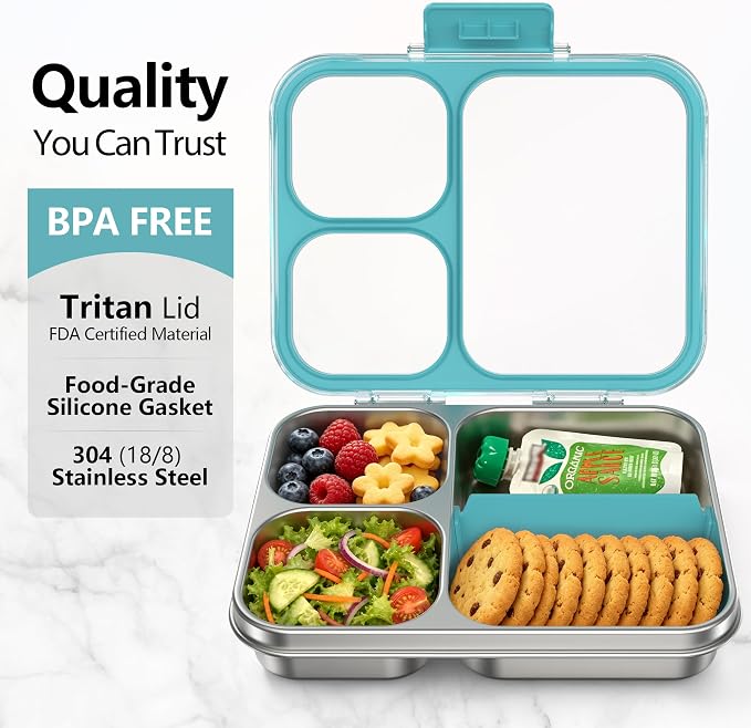 HOMEKOL Stainless Steel Bento Lunch Box 3-Compartment, 4.2Cups, Blue | Leak-Proof Metal Lunch Container for Kids & Adults, BPA-Free, Dishwasher Safe, Clear Tritan Lid, 1000ml (Not Insulated)