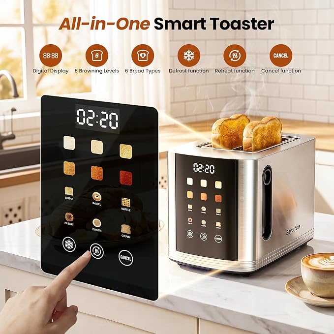 2 Slice Touchscreen Toaster Stainless Steel Smart Digital Toaster | 1.5" Extra Wide Slot Toaster, 6 Bread Types & 6 Browning Settings, LED Countdown, Reheat Defrost Cancel, for Home Dorm RV
