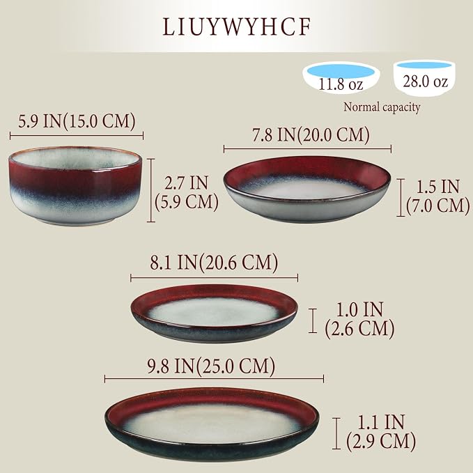 Ceramic Dinnerware (16 pcs) Serve 4 people, Plates and Bowls Sets,Handmade Reactive Glaze Dishes Set, Chip Resistant and Scratch Resistant, for Oven & Dishwasher & Microwave Safe