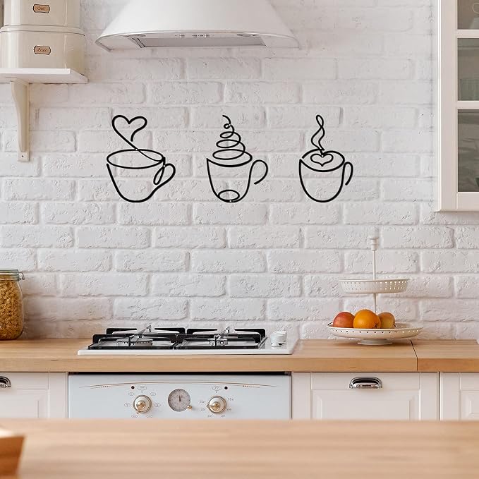 Ferraycle 3 Pieces Coffee Cup Metal Wall Art Wire Coffee Bar Hanging Decor Cafe Themed Vintage Rustic Metal Sign for Kitchen Restaurant Shop Home Office Accessories | Hanging Wall Decor, Rustic Wire Sculpture,Cafe Home Restaurant Kitchen Accent, Easy W...