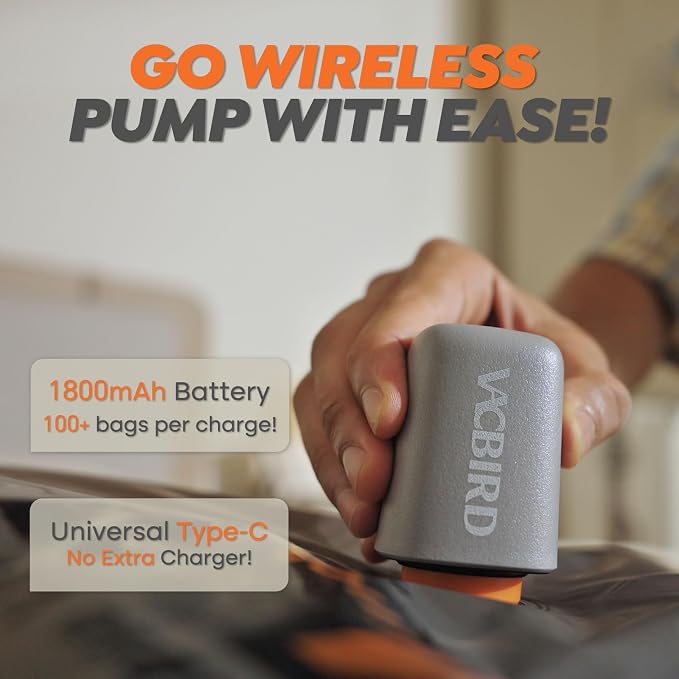 Vacbird Rechargeable Wireless Vacuum Pump + 10 Storage Bags – Compact Space Saver for Travel & Home, Perfect for Clothes, Blankets, Seasonal Organization