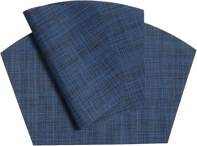 SHACOS Round Table Placemats Set of 7 Woven Vinyl Wedge Placemat with Centerpiece Mat Heat Resistant Place Mats Round Table Mats Wipe Clean (7, Blue Black)