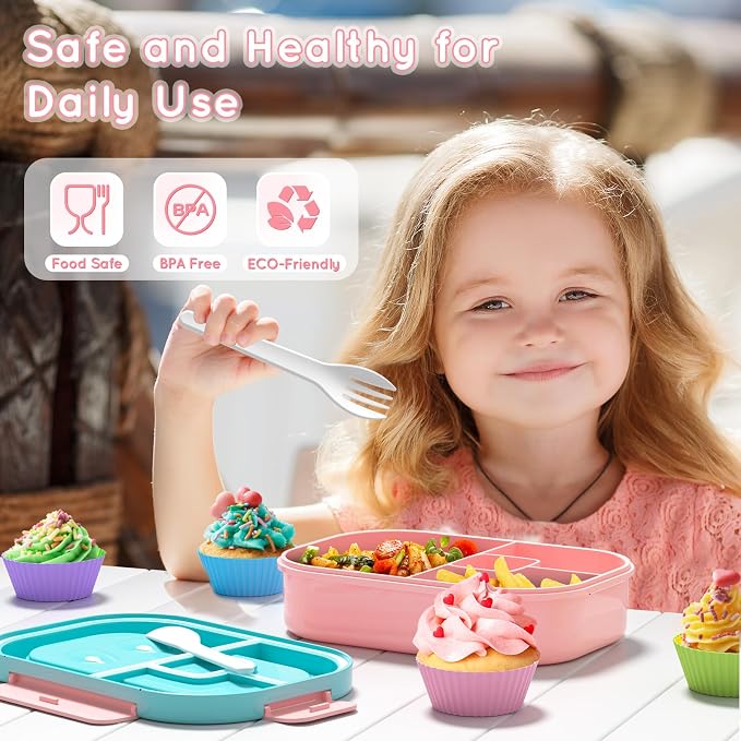 Lunch Box Kid Adult Bento Box, 4-Compartment Food Lunch Containers with Fork & Spoon, BPA Free, Leak-Proof Bento-Style Lunch Box for Work School, Microwave & Dishwasher Safe (Candy)