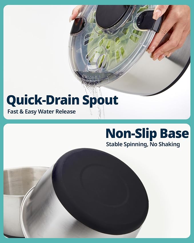 Stainless Steel Salad Spinner, 6.34Qt Large Lettuce Dryer, BPA-Free Vegetable & Fruit Washer with Drain, Easy Clean, Non-Slip Base, Transparent Lid