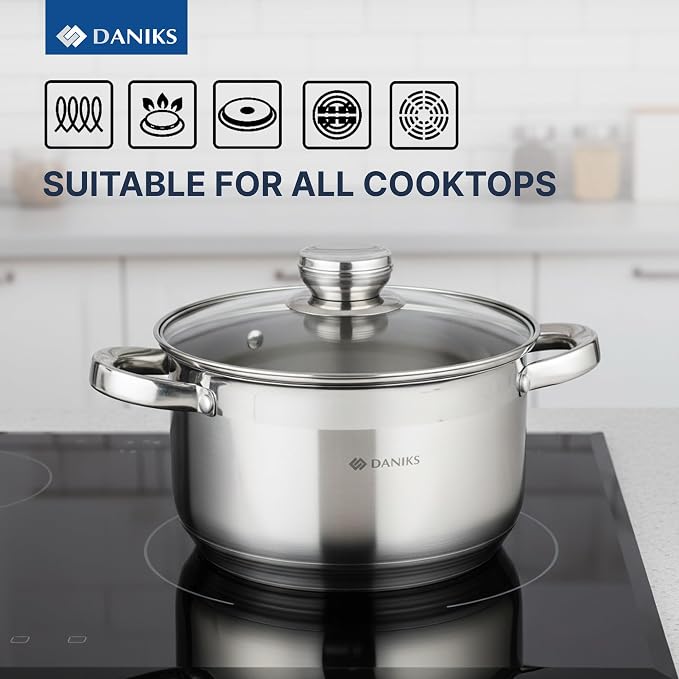Daniks Standard 4 Quart Stainless Steel Stock Pot with Glass Lid, Tri-Ply Bottom for Even Heating, Induction Compatible, Dishwasher Safe, Built-In Measuring Scale, Silver