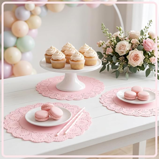100 Pack 13.5 Inch Round Pink Paper Doilies, Disposable Lace Placemat | Rustic Scallop Doily Table Pads, Heavy-Duty Paper Place Mats for Cakes, Crafts, Parties, Weddings, Buffet, Home Decor