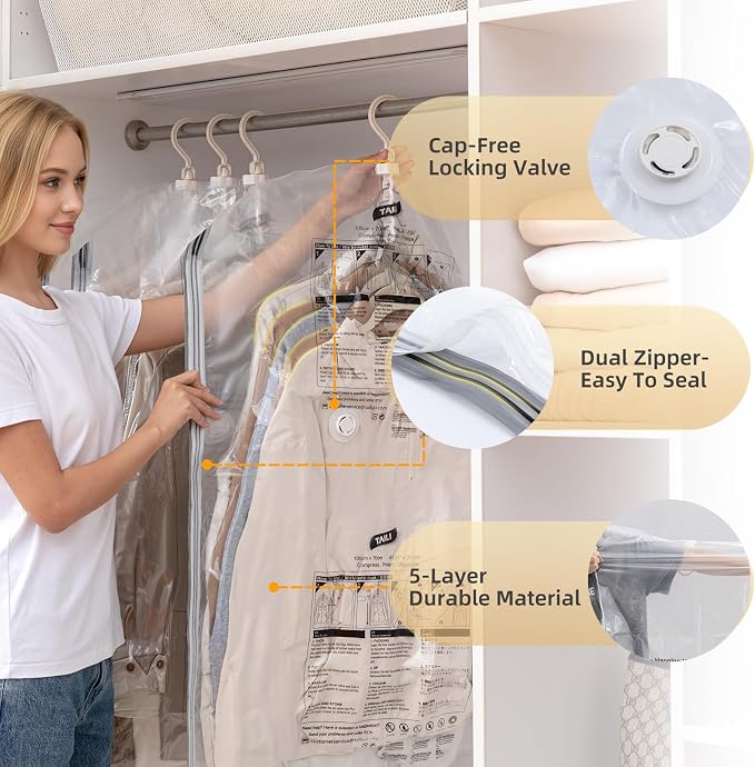 TAILI Hanging Vacuum Storage Bags for Clothes Space Saver 4 Combo Clear | Vacuum Seal Bags for Clothing Travel, Winter Clothes Storage Closet Organizers, Garment, Coats, Suits and Jackets