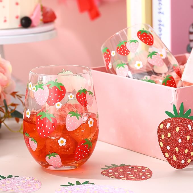 Sliner 2 Pack 17oz Strawberry Stemless Wine Glasses for Women Strawberry Cups Colorful Conversation Drinking Glass for Gift Birthday Party Supplies Graduation Gifts Theme Events