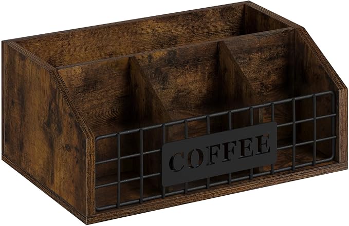 YINMIT Coffee Station Organizer for Countertop, Wood Coffee Bar Organizer with Removable Dividers for Pods, Syrup, Cups, Stirrer, Tea - Office Bar Accessories, Iron Wire-Vintage Brown