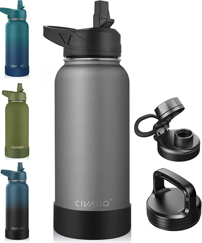 CIVAGO 32 oz Insulated Stainless Steel Water Bottle With Straw and 3 Lids | Large Metal Sports Water Jug, Leakproof Reusable Wide Mouth Thermal Flask Cup with Silicone Boot, BPA-Free, Cool Gray