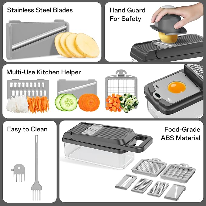 HomeHacks Veggie Chopper Vegetable Cutter, 12 in 1 Kitchen Gadget, Grey | Dicer, Slicer, Cutter, Slap Chop, Cheese Grater & Egg Separator - Multi-Functional Salad Fruit Onion Chopper with Container