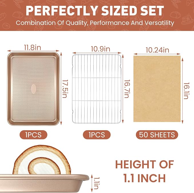 Heavy Duty Baking Sheet with Wire Rack Set, Thickened Carbon Steel pan 17.5"x11.8" with Cooling Rack, Nonstick Baking Pan Warp Resistant, 50 Parchment Sheets for Baking Cookie, Roasting Veggie & Bacon