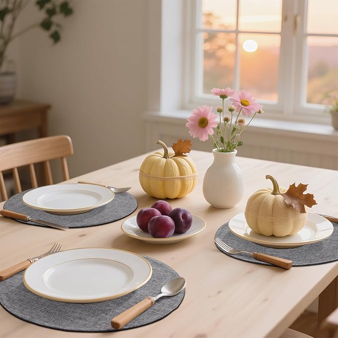 Cotton Linen 15 Inch Round Cloth Place mats, Set of 6, Dark Grey | Washable Table Mats, Heat Resistant, Reversible, Wipeable Place Mats for Indoor Outdoor