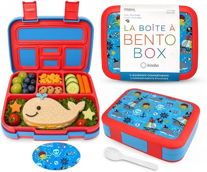 kinsho Bento Lunch Box Container for Kids, Boys Age 3 to 5, Blue Pirates | 5 Portion Sections, BPA-Free Spill-Proof Leakproof Removable Plastic Tray, Snacks and Lunches for Toddlers Pre-School Daycare