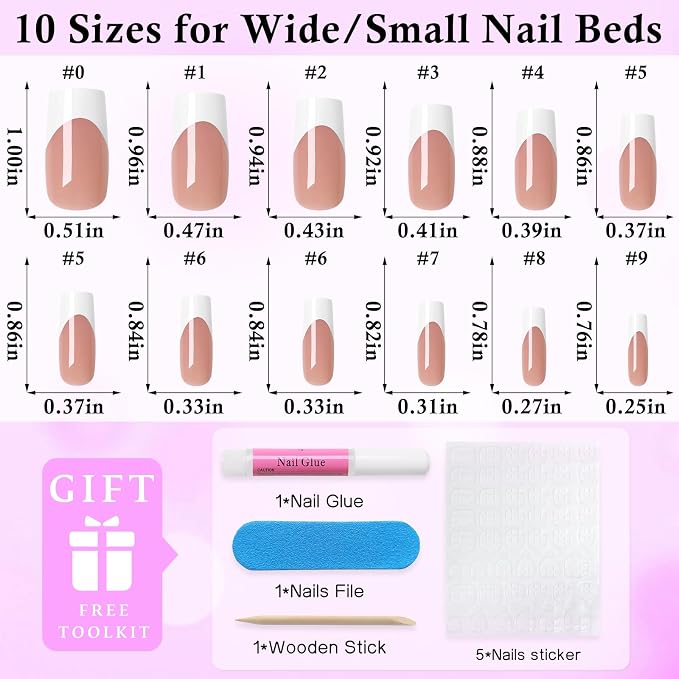 240pc White French Tip Press on Nails Medium Square Acrylic Nail, Coffee Press ons Fake Nails with Glue & Tabs, 12 Sizes Glue on Nails Medium Press-on Nail Square Stick on Nail for Women Girls