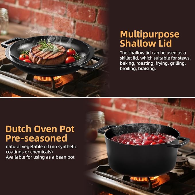 2-in-1 Pre-Seasoned Cast Iron Double Dutch Oven Pot with Skillet Lid & Silicone Sleeves – Raised Rib Skillet Lid– Umite Chef 7QT Cast Iron Skillet Cookware Pan Set wirh Dual Handles – Oven, Grill, Campfire & Stovetop Safe –PFAS-Free