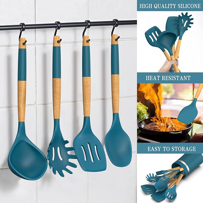33 PCS Silicone Kitchen Utensils Set, Umite Chef Heat Resistant Cooking Utensils Set With Holder, Wooden Handle Kitchen Gadgets Tools Spatula for Nonstick Cookware
