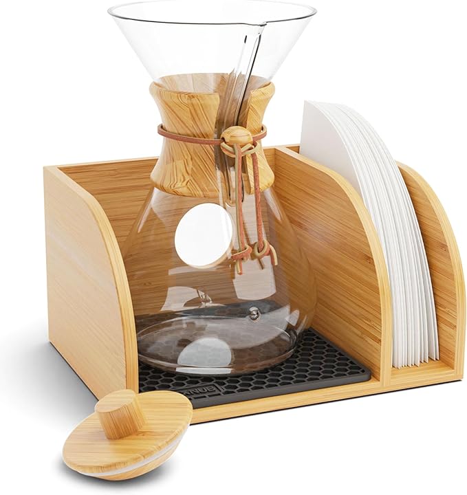 Pour Over Caddy with Lid for Chemex Bodum Cosori Coffee Makers Black | Handmade Bamboo Stand, Lid, Filter Holder, Heatproof Mat for a Cleaner Coffee Station