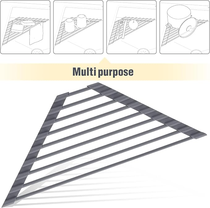 Tomorotec Roll Up Dish Drying Rack with Silicone Coating, Deep Gray | 304 Stainless Steel with BPA-Free Silicone, Triangle Design Maximizes Sink Corner Space, Fits Compact Kitchens And RVs