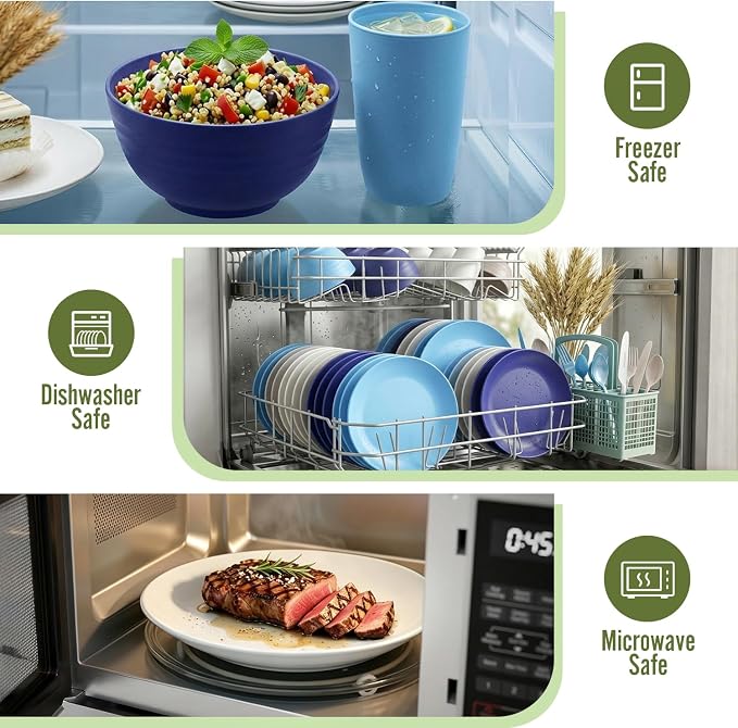 Dinnerware Set 40 PCS Wheat Straw Dishes Set - Service for 8 Unbreakable Plastic Dish Set Microwave Safe Plates and Bowls Sets Lightweight Cups Sets Outdoor Dishes - Island Colors