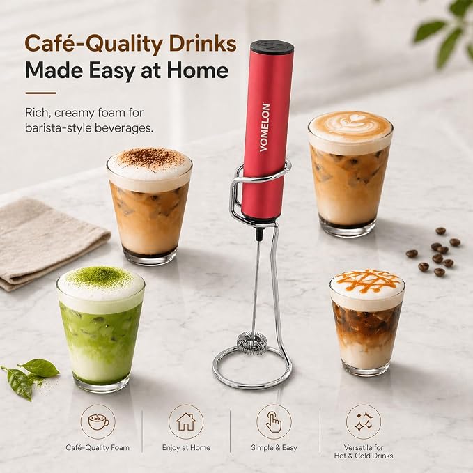 Rechargeable Milk Frother with Stand, Electric Whisks Foam Maker, POWERFUL USB C 2 Speed Handheld Drink Mixer for Coffee, Latte, Cappuccino, Matcha Drinks,Red