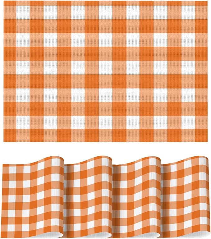 Artoid Mode Buffalo Plaid Vinyl Placemats Set of 4, 12x18 Inch Washable Non-Slip Heat Resistant Plastic Place Mats for Party Dining Table, Orange/White