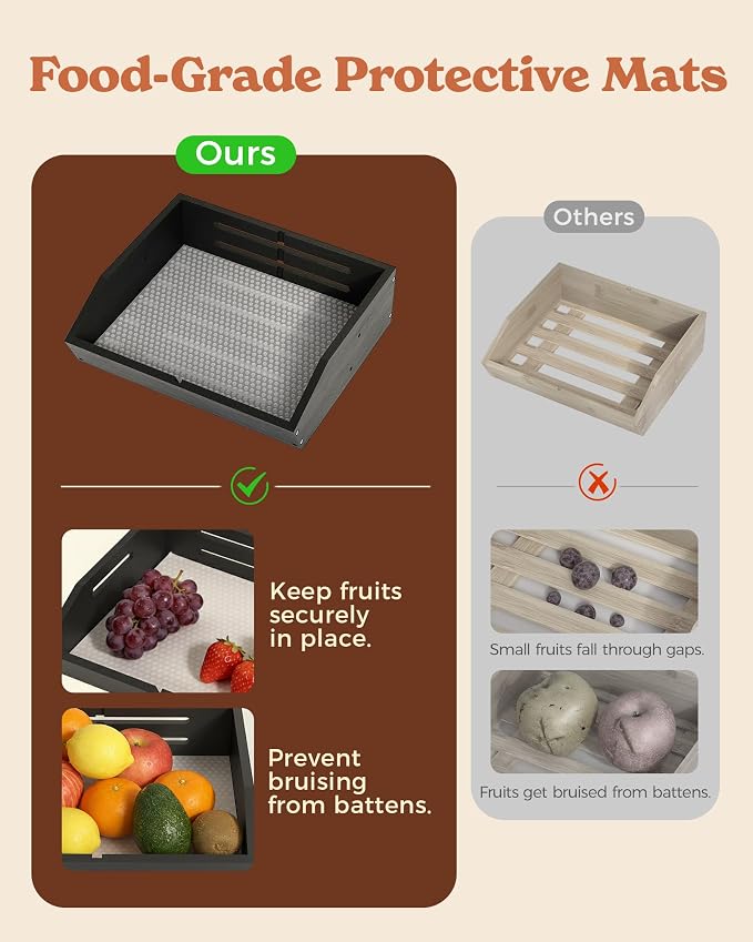 2-Tier Bamboo Fruit Basket with 2 Banana Holders Black | Large tiered organizer for bread, snacks, veggies. Sturdy bamboo, includes mats & dividers. Easy to assemble.
