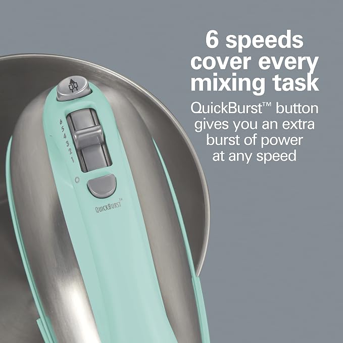 Hamilton Beach Classic Electric 4 Qt Stand Mixer & Hand Mixer With 6 Speeds | 2-in-1 Versatility | QuickBurst For Added Power | 290 Watts Peak Power | Built-In Bowl Rest | Aqua Blue