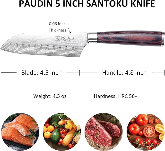 PAUDIN Santoku Knife, 5 inch Chef Knife, Ultra Sharp Kitchen Knife | Japanese Chef Knife with Sheath, High Carbon Stainless Steel, Ergonomic Pakkawood Handle