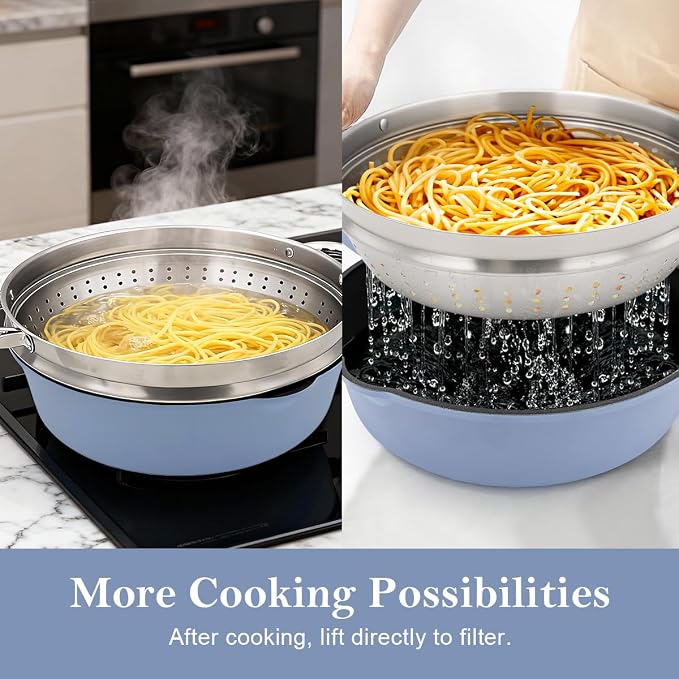 12-Inch Non Stick Deep Frying Pan Skillet with Steamer, 5 QT Saute Pan with Lid, Vegetable Steamer Cookware for Cooking, Detachable Handle,Compatible with All Stoves,Oven Safe,PFOA Free,Blue