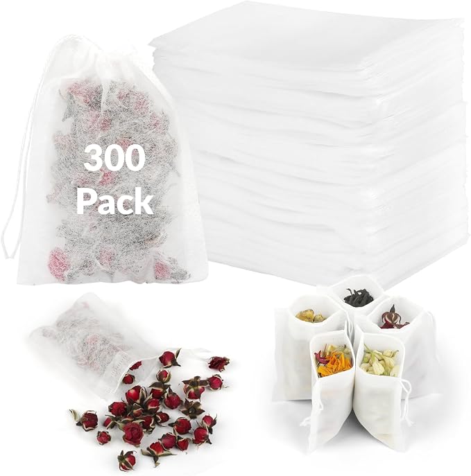 300 Pcs Disposable Empty Tea Bags for Loose Leaf Tea, Natural Corn Fiber | 3.54" x 2.75", Food-grade, with Drawstring, Safe for Hot Water Brewing, for Coffee, Herbs, Spices, Tea Filter Sachets Infuser