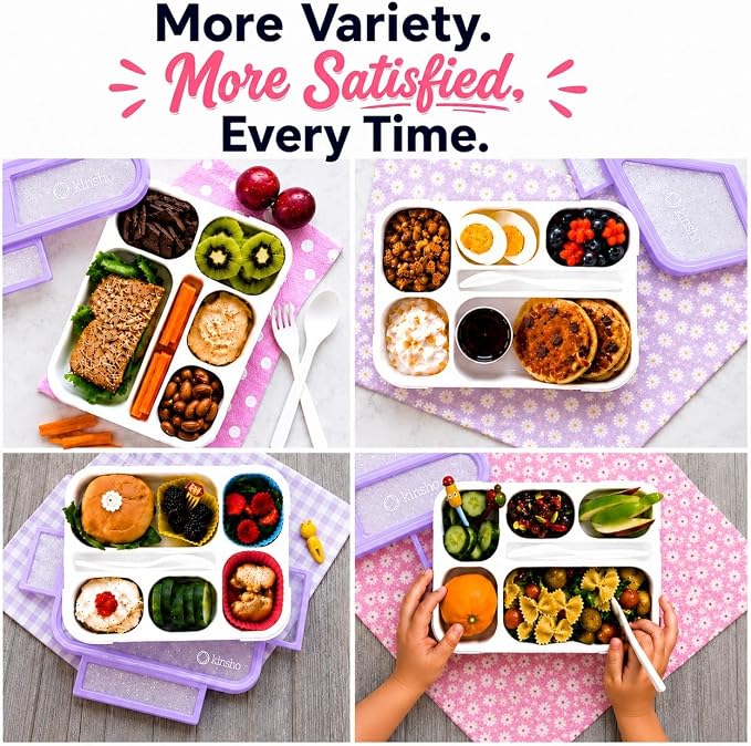 kinsho Glitter Lunch Box Bento-Boxes for Girls, Meal and Snack Containers for Toddler Daycare, School, Travel, 6 Divided Sections, Cute Bentobox, Leak-Resistant, Utensils, Purple Lilac Sparkle
