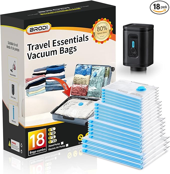 BRODI 18 Combo Pack Travel Vacuum Bags with Pump - Space Saver & Travel Essentials, Clothing & Luggage Vacuum Seal Bags