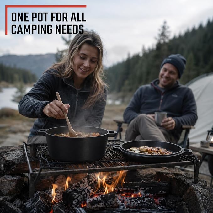 Overmont 7QT Double Dutch Oven - 2-in-1 Pre-Seasoned Cast Iron Pot & Recipe | Skillet Lid Doubles as Frying Pan, Heavy Duty Cast Iron Pot with Handle Covers, for Sourdough Baking Frying Outdoor Camping
