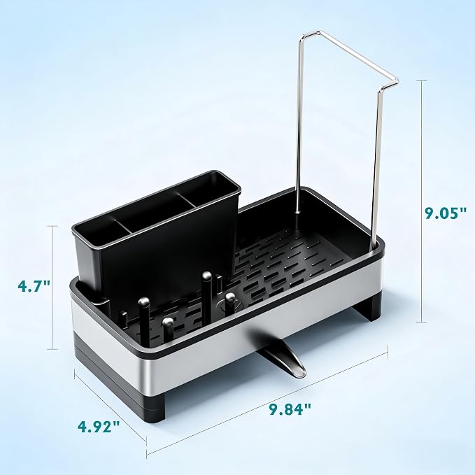 Stainless Steel Sink Caddy Sponge Holder for Kitchen Sink 9.8″ | with Auto-Drain, with Removable Brush Holder & Towel Rack, Rustproof Sink Organizer for Countertop, Kitchen Accessories