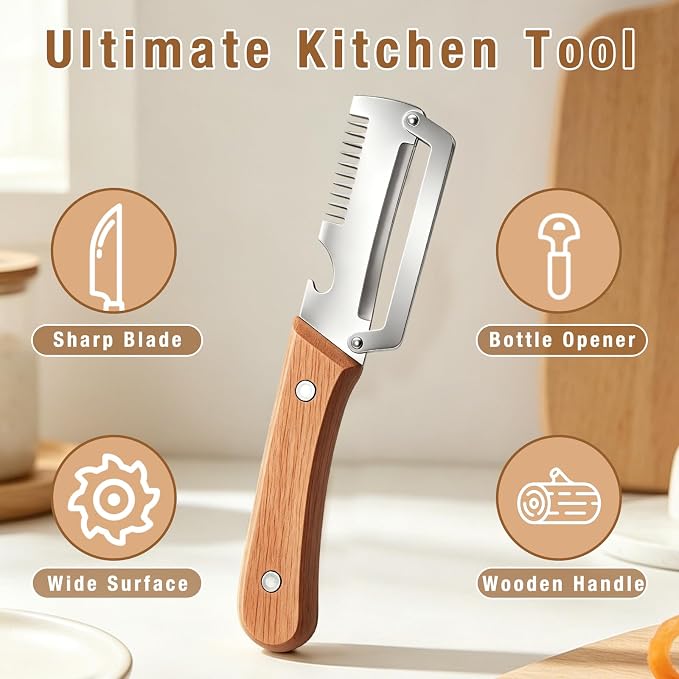 2Pcs Multifunctional Vegetable Peeler,Zero Snag Wooden Peeler,Zero Snag Wooden Kitchen Tool with Grater Bottle Opener,3 in 1 Kitchen Gadgets Stainless Steel Peelers for Pumpkin Potato Carrot Apple