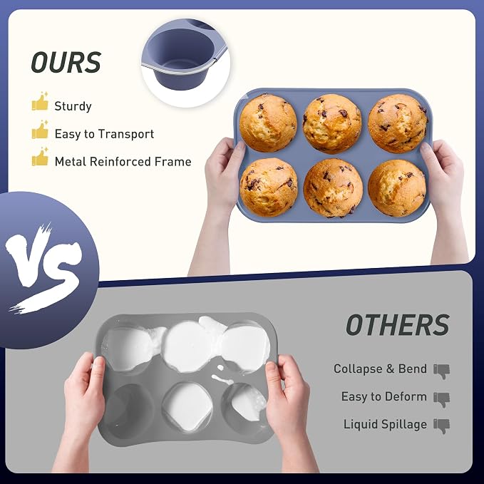 2 Pack 6 Cups Silicone Jumbo Muffin Pan with Metal Reinforced Frame Silicone Molds for Baking Cupcake Cake Baking Pans Muffin Tin Tart Pans Baking Set for Easter Christmas holiday Cookie Tin
