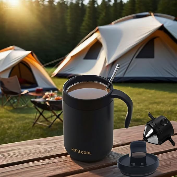 Portable 16oz Pour Over Coffee Maker with Foldable Filter & Stirrer – Insulated Stainless Steel Travel Cup with Lid – No Paper Filter Needed, BPA-Free, Black – For Home, Office, Camping, Backpacking