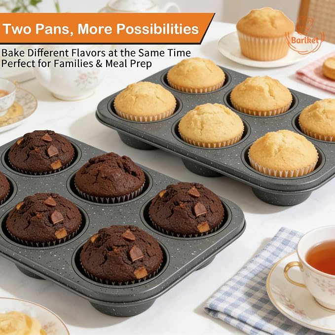 2 Pack Jumbo Muffin Pan, 6 Cup Large Cupcake Pan Muffin Tin Grey | Jumbo Muffin Tin extra Large Cupcake Pans with Speckled Granite Coating and Paper Liners, Nonstick Muffin Baking Pans
