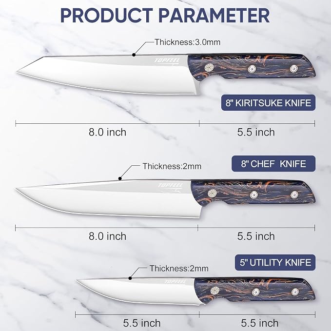 Topfeel 3-Piece Kitchen Knife Set, 5Cr15MoV High Carbon Stainless Steel | Includes 8-inch chef and Kiritsuke knives plus 5-inch utility knife with full-tang acrylic handles and gift box