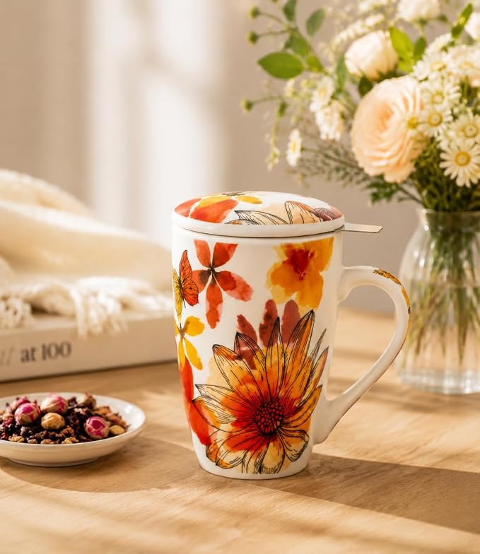 GBhome Tea Mug with Infuser and Lid,18 Ounce Ceramic Loose Leaf Cup Steeper | Lead-Free Glaze For Tea Lovers,Microwave & Dishwasher Safe with Tea Strainer